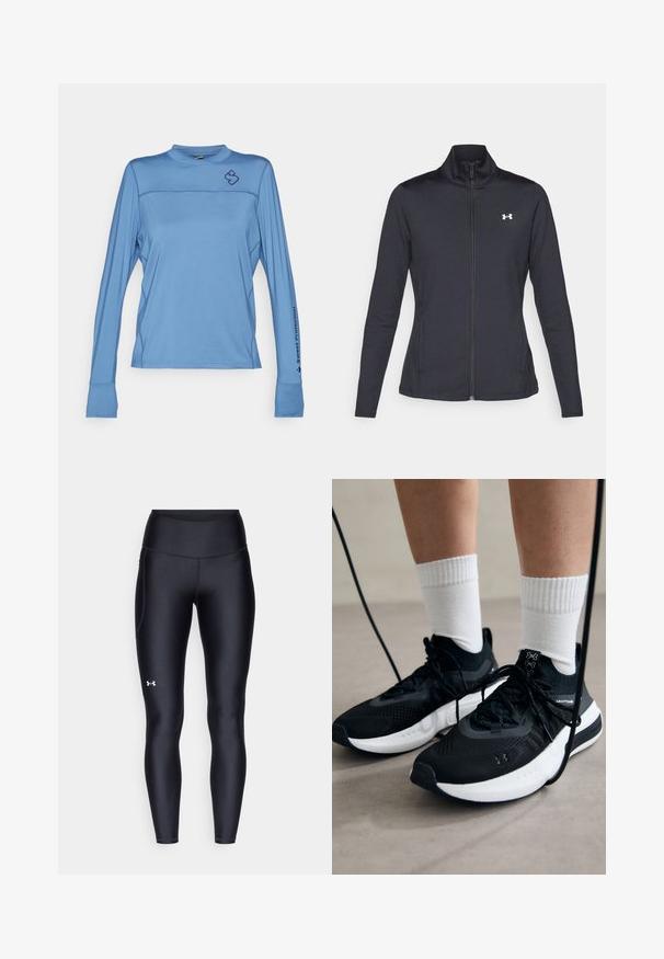 Melnās sporta jakas izgatavotas no gludas, elastīgas auduma ar augstu apkakli un pilnu rāvējslēdzēju, ar nelielu baltu logo augšējā kreisajā pusē.; Garu piedurkņu sporta krekls gaiši zilos audumos ar augstu apkakli, sānu šuvēm un logo uz krūškurvja un piedurknes. Gluda tekstūra.; Melnas leginses, kas izgatavotas no gluda, elastīga materiāla ar augstām jostām. Ir balta logo kreisajā augšstilbā un pieguļoša piegriezuma dizains.; Melni sporta apavi ar strukturētu audumu, balta zole un melni šņores. Valkāti ar baltām ribotām zeķēm, stāvot uz gaišas virsmas.