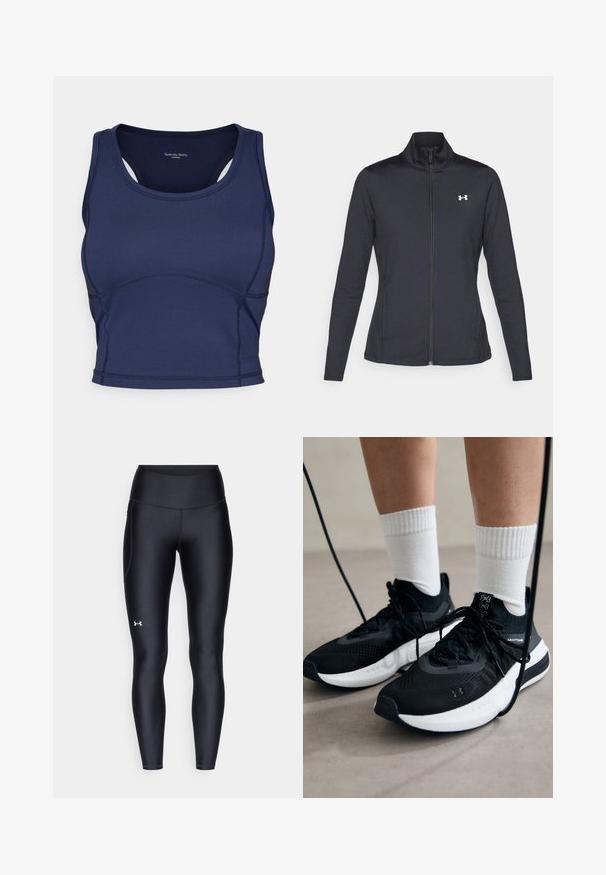 Schwarze Sportjacke aus glattem, dehnbarem Stoff mit hohem Kragen und durchgehendem Reißverschluss, ausgestattet mit einem kleinen weißen Logo auf der oberen linken Seite.; Sweaty Betty ALL DAY ACTIVE CROPPED TANK - Top - navy blue; Schwarze Leggings aus glattem, elastischem Material mit einem hohen Bund. Mit einem weißen Logo auf dem linken Oberschenkel und tailliertem Design.; Schwarze Sportschuhe aus strukturiertem Stoff, mit weißer Sohle und schwarzen Schnürsenkeln. Tragen mit weißen gerippten Socken, stehen auf einer hellen Fläche.