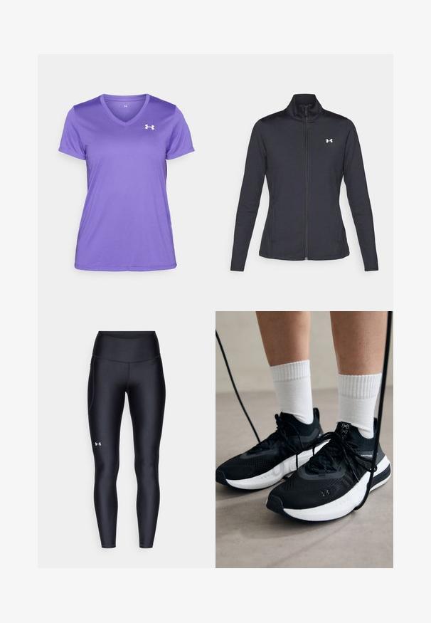 Black athletic jacket made of smooth, stretchy fabric with a high collar and full zipper, featuring a small white logo on the upper left side.; Under Armour SOLID - Sports T-shirt - lavish/white; Black leggings made of smooth, stretchy material with a high waistband. Features a white logo on the left thigh and fitted design.; Black athletic shoes with textured fabric, white sole, and black laces. Worn with white ribbed socks, standing on a light surface.