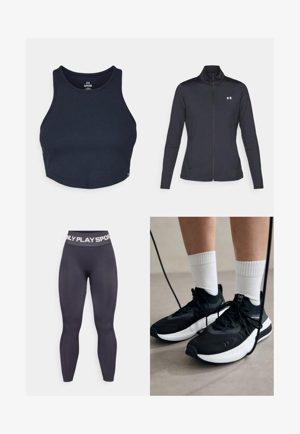 Jachetă sport neagră realizată dintr-un material neted și elastic, cu guler înalt și fermoar complet, având un mic logo alb în colțul din stânga sus.; Top scurt de culoare bleumarin, realizat din material ribbed, având un guler rotund și bretele late, cu o etichetă mică cu logo la tiv.; Colanți închiși la culoare, cu talie înaltă, dintr-un material elastic, având un brau lat cu inscripția "ONLY PLAY SPORT" în litere albe contrastante.; Căști atletice negre cu țesătură texturată, talpă albă și șireturi negre. Purtați cu șosete albe cu riflaje, stând pe o suprafață deschisă.
