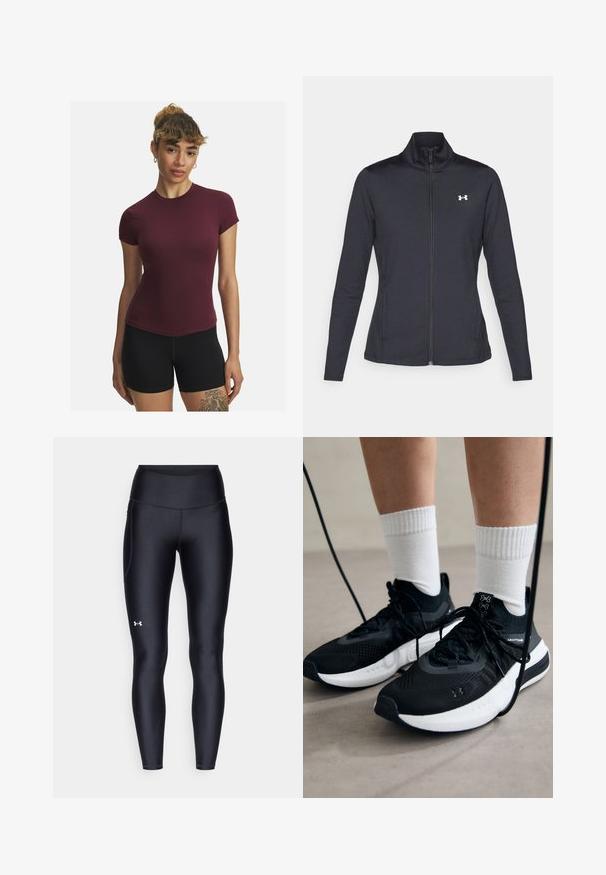 Schwarze Sportjacke aus glattem, dehnbarem Stoff mit hohem Kragen und durchgehendem Reißverschluss, ausgestattet mit einem kleinen weißen Logo auf der oberen linken Seite.; Burgunderrotes, kurzärmliges, figurbetontes Oberteil aus elastischem Material mit Rundhalsausschnitt und glatter Textur, kombiniert mit schwarzen Shorts.; Schwarze Leggings aus glattem, elastischem Material mit einem hohen Bund. Mit einem weißen Logo auf dem linken Oberschenkel und tailliertem Design.; Schwarze Sportschuhe aus strukturiertem Stoff, mit weißer Sohle und schwarzen Schnürsenkeln. Tragen mit weißen gerippten Socken, stehen auf einer hellen Fläche.
