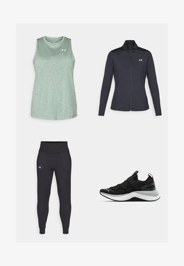 Jachetă sport neagră realizată dintr-un material neted și elastic, cu guler înalt și fermoar complet, având un mic logo alb în colțul din stânga sus.; Under Armour TANK TWIST - Top - silica green/white; Leggings negre atletice realizate dintr-un material elastic, cu talie înaltă, buzunare pe lateral și manșete ajustate la gleznă.; Pantof de sport negru cu un upper texturat, curele elastice și o talpă intermediară groasă albă. Are un accent gri pe lungimea tălpii.