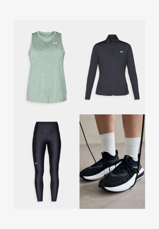 Črna atletska jakna iz gladkega, raztegljivega blaga z visokim ovratnikom in polnim zadrgo, ki ima majhen bel logotip na zgornji levi strani.; Under Armour TANK TWIST - Top - silica green/white; Črne pajkice iz gladkega, elastičnega materiala z visokim pasom. Imajo bel logotip na levem stegnu in oprijet kroj.; Črne športne čevlje z strukturirano tkanino, belo podplatom in črnimi vezalkami. Nosi se z belimi rebrastimi nogavicami, stoje na svetli površini.