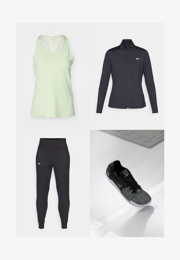 Black athletic jacket made of smooth, stretchy fabric with a high collar and full zipper, featuring a small white logo on the upper left side.; Light green athletic tank top with a textured finish, racerback design, and a small white logo on the left chest area.; Black athletic leggings made from stretchy material, featuring a high waistband, side pockets, and fitted cuffs at the ankle.; Black athletic shoe with a textured, patterned mesh upper, black laces, and a white sole. Features Reebok branding on the tongue and side.