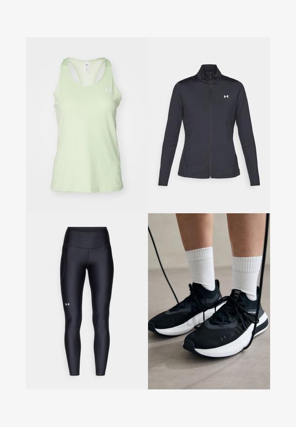 Black athletic jacket made of smooth, stretchy fabric with a high collar and full zipper, featuring a small white logo on the upper left side.; Light green athletic tank top with a textured finish, racerback design, and a small white logo on the left chest area.; Black leggings made of smooth, stretchy material with a high waistband. Features a white logo on the left thigh and fitted design.; Black athletic shoes with textured fabric, white sole, and black laces. Worn with white ribbed socks, standing on a light surface.