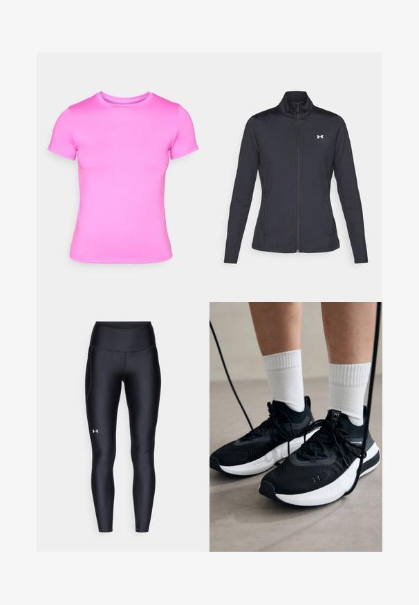 Jachetă sport neagră realizată dintr-un material neted și elastic, cu guler înalt și fermoar complet, având un mic logo alb în colțul din stânga sus.; Tricou roz cu mânecă scurtă, realizat dintr-un material neted și elastic. Prezintă un guler clasic și umeri fără cusături.; Colanți negri dintr-un material neted și elastic, cu un brâu înalt. Prezentând un logo alb pe cuartul stâng și un design ajustat.; Căști atletice negre cu țesătură texturată, talpă albă și șireturi negre. Purtați cu șosete albe cu riflaje, stând pe o suprafață deschisă.