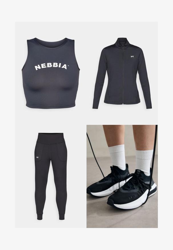 Black athletic jacket made of smooth, stretchy fabric with a high collar and full zipper, featuring a small white logo on the upper left side.; Sports crop top in dark gray, made of soft, stretchy fabric. Features a round neck and white "NEBBIA" text in an arched design.; Black athletic leggings made from stretchy material, featuring a high waistband, side pockets, and fitted cuffs at the ankle.; Black athletic shoes with textured fabric, white sole, and black laces. Worn with white ribbed socks, standing on a light surface.