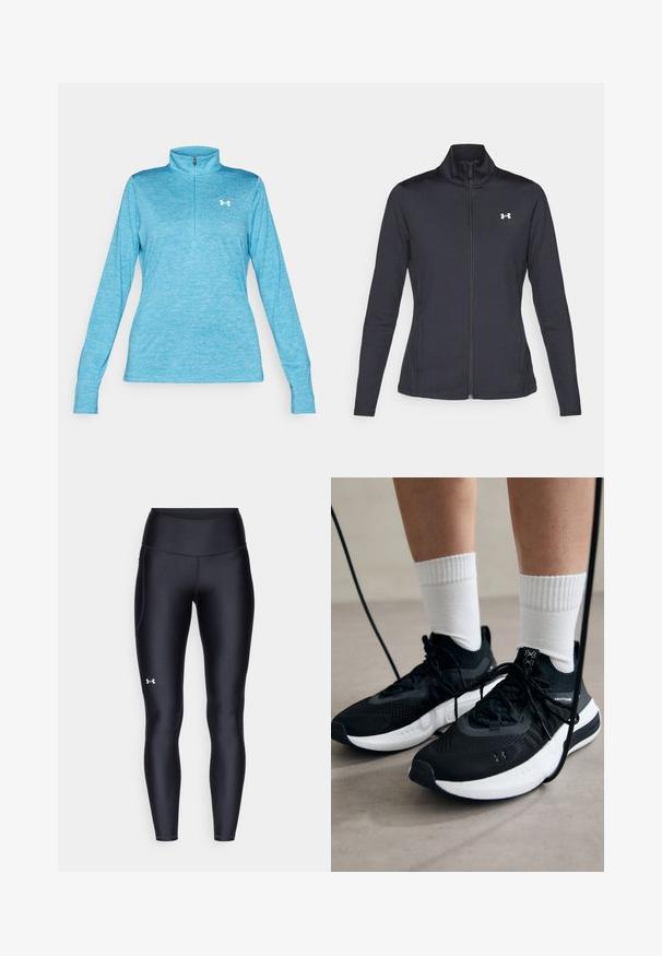 Veste de sport noire en tissu lisse et extensible avec un col montant et une fermeture éclair intégrale, arborant un petit logo blanc sur le côté supérieur gauche.; Pull-over bleu clair à fermeture éclair quart, à manches longues, fabriqué en tissu doux, avec un motif texturé et un logo blanc sur la poitrine.; Leggings noirs en matière lisse et extensible avec une taille haute. Présentent un logo blanc sur la cuisse gauche et un design ajusté.; Chaussures de sport noires en tissu texturé, avec une semelle blanche et des lacets noirs. Portées avec des chaussettes blanches côtelées, debout sur une surface claire.