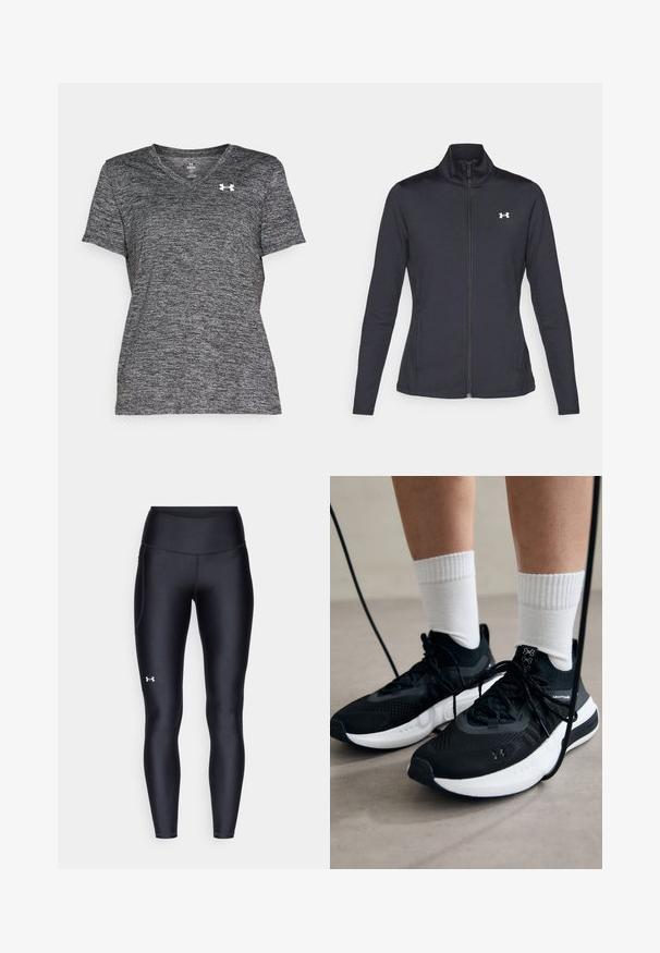 Mustmust mustrits mustritud jahk, valmistatud sujuvast, venivast kangast, kõrge kraega ja täispika tõmbluku ning väikese valge logoga vasakul üleval poole.; Must must-valge värviga V-kaelusega t-särk, mis on valmistatud tekstuurilisest, niiskust eemaldevast kangast. Omab lühikesi varrukaid ja väikest valget logot rinnal.; Mustad mustad, venitatud materjalist, kõrge vöökoht. Vasakul reie kohal on valge logo ning tihe disain.; Mustad mustad jalanõud tekstuuritud kangast, valge tallaga ja mustade paeltega. Kanna valgete soonikkudega sokkide sisse, seistes helesinisel pinnal.