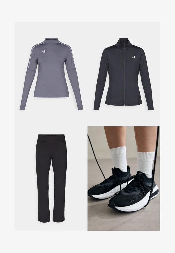 Juodas sportinis švarkas, pagamintas iš lygios, elastingos medžiagos, su aukštu apykakle ir pilnu užtrauktuku, su maža balta logo kairiajame viršutiniame kampe.; Pilnas rankovės pilkas sportinis marškinėliai su pusiau apykakle, baltomis detalėmis ant pečių ir Under Armour logotipu kairėje krūtinės pusėje. Medžiaga yra lygi.; Juodos leginsai su lygiu, tamprių audinių ir plačiu juosmeniu. Jie turi tiesius, pilno ilgio kojus ir jokios matomos raštų ar akcentų.; Juodi sportiniai batai su tekstūruotu audiniu, balta padu ir juodais raiščiais. Dėvimi su baltais raištiniais kojiniais, stovint lengvame paviršiuje.
