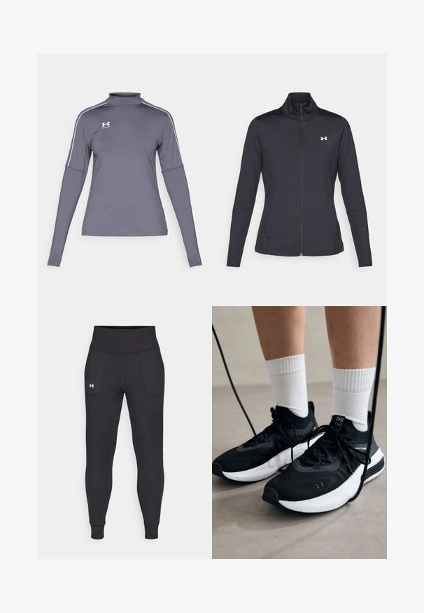 Black athletic jacket made of smooth, stretchy fabric with a high collar and full zipper, featuring a small white logo on the upper left side.; Long-sleeve gray athletic shirt with a mock collar, white accents on the shoulders, and an Under Armour logo on the left chest. Material is smooth.; Black athletic leggings made from stretchy material, featuring a high waistband, side pockets, and fitted cuffs at the ankle.; Black athletic shoes with textured fabric, white sole, and black laces. Worn with white ribbed socks, standing on a light surface.