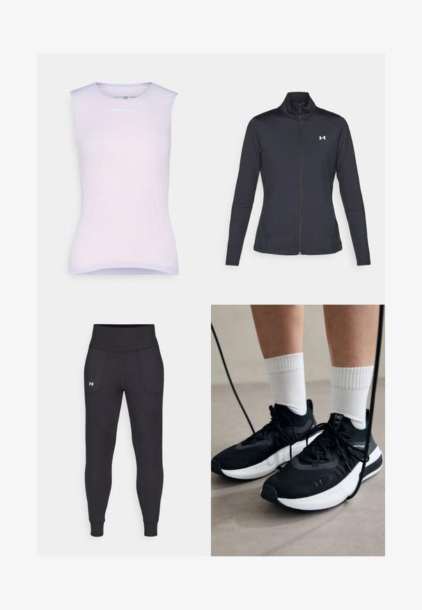 Zwarte sportjack gemaakt van glad, rekbaar materiaal met een hoge kraag en een volledige ritssluiting, met een klein wit logo op de bovenste linkerkant.; Lichtpaarse mouwloze fietsjersey van ademend meshmateriaal, met een ronde halslijn en een subtiele Castelli-logo aan de voorkant.; Zwarte sportleggings van rekbaar materiaal, met een hoge tailleband, zijzakken en aansluitende boorden bij de enkels.; Zwarte sportschoenen van gestructureerde stof, met een witte zool en zwarte veters. Draag ze met witte geribde sokken, staand op een lichte ondergrond.