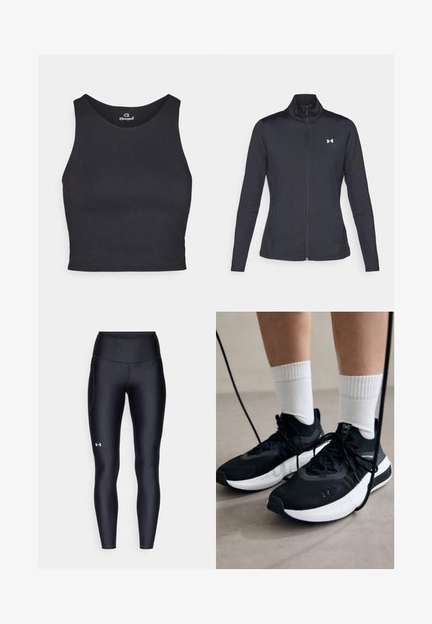 Veste de sport noire en tissu lisse et extensible avec un col montant et une fermeture éclair intégrale, arborant un petit logo blanc sur le côté supérieur gauche.; Top court noir fabriqué en tissu lisse et extensible, avec un col rond et de larges bretelles. Ne comporte aucun logo ni embellissement visible.; Leggings noirs en matière lisse et extensible avec une taille haute. Présentent un logo blanc sur la cuisse gauche et un design ajusté.; Chaussures de sport noires en tissu texturé, avec une semelle blanche et des lacets noirs. Portées avec des chaussettes blanches côtelées, debout sur une surface claire.