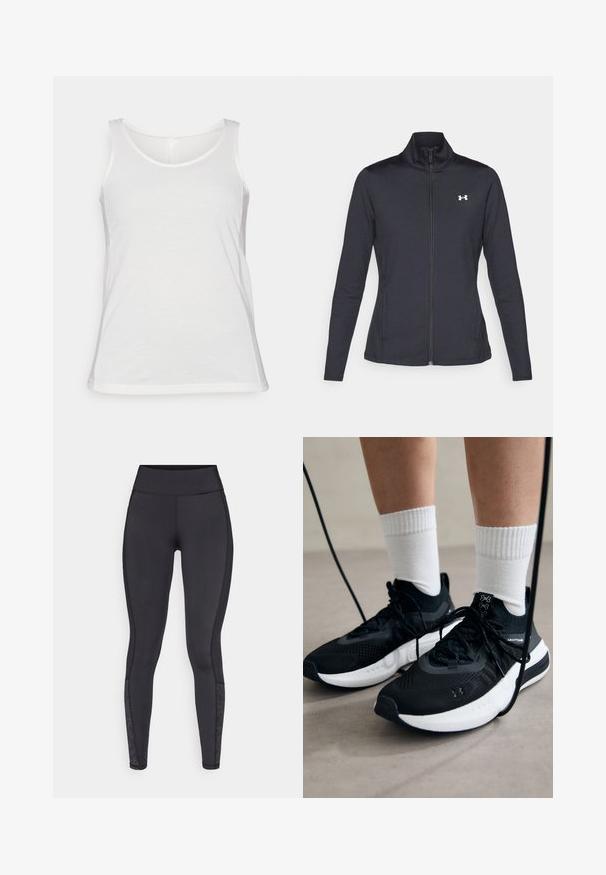 Černá sportovní bunda vyrobená z hladké a elastické textilie, s vysokým límcem a plným zipem, která má malé bílé logo na levé horní části.; Bílý bezrukávový top vyrobený z měkké látky; má kulatý výstřih a klasický střih, s hladkou strukturou a zakončením.; Černé legíny vyrobené z elastického materiálu. Vysoký pas, hladká textura, se vzorovanými akcenty na dolní části nohou.; Černé sportovní boty s texturovanou tkaninou, bílou podrážkou a černými tkaničkami. Nosené s bílými žebrovanými ponožkami, stojící na světlém povrchu.