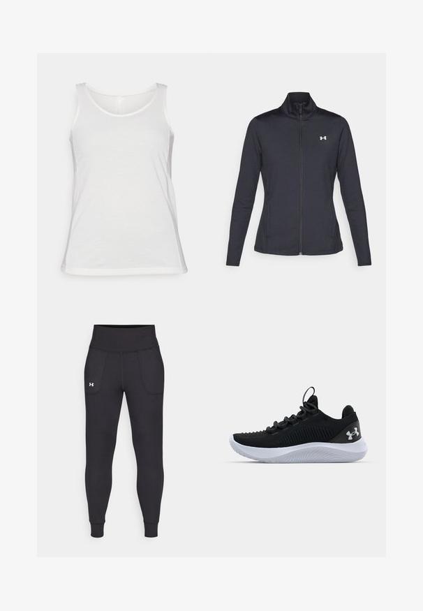 Čierna športová bunda vyrobená z hladkého, elastického materiálu s vysokým golierom a plným zipsom, s malým bielym logom na hornej ľavej strane.; Biely bezrukávový top vyrobený z jemnej tkaniny; má okrúhly výstrih a bežný strih, s hladkou textúrou a zúženým lemom.; Čierne športové legíny vyrobené z elastického materiálu, s vysokým pásom, bočnými vreckami a priliehajúcimi manžetami na členkoch.; Čierne športové topánky s priedušným sieťovaným zvrškom, štruktúrovanými detailmi a bielou gumovou podrážkou. Obsahujú ploché šnúrky a pútko na päte.