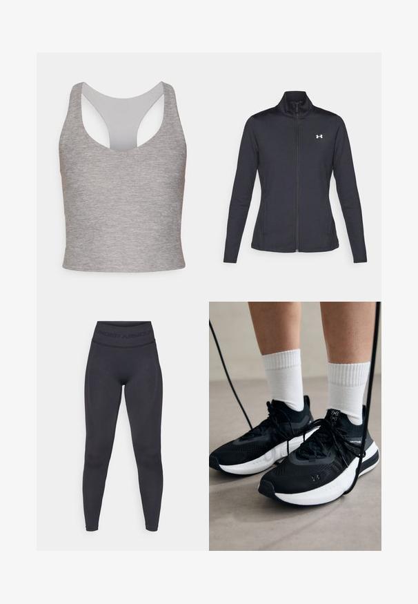 Black athletic jacket made of smooth, stretchy fabric with a high collar and full zipper, featuring a small white logo on the upper left side.; Gray sleeveless crop top with a wide round neckline and a cutout back. Made of soft, stretchy fabric with a smooth texture.; Black leggings with a high elastic waistband featuring "UNDER ARMOUR" text. Smooth texture with subtle pattern accents along the legs.; Black athletic shoes with textured fabric, white sole, and black laces. Worn with white ribbed socks, standing on a light surface.