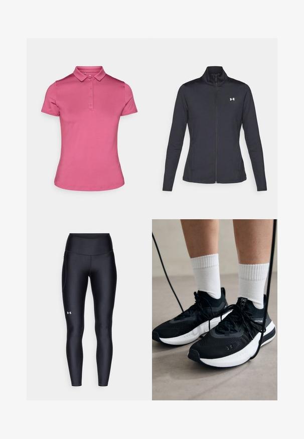 Veste de sport noire en tissu lisse et extensible avec un col montant et une fermeture éclair intégrale, arborant un petit logo blanc sur le côté supérieur gauche.; Chemise polo rose en tissu doux, dotée d'un col, d'une patte de boutonnage à six boutons et de manches courtes. Design simple et ajusté avec une finition soignée.; Leggings noirs en matière lisse et extensible avec une taille haute. Présentent un logo blanc sur la cuisse gauche et un design ajusté.; Chaussures de sport noires en tissu texturé, avec une semelle blanche et des lacets noirs. Portées avec des chaussettes blanches côtelées, debout sur une surface claire.