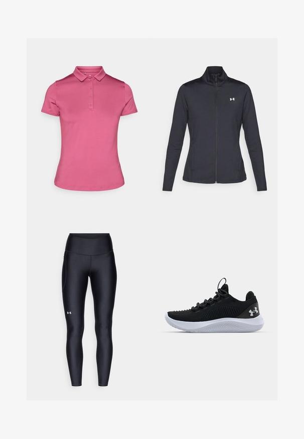 Jachetă sport neagră realizată dintr-un material neted și elastic, cu guler înalt și fermoar complet, având un mic logo alb în colțul din stânga sus.; Cămașă polo roz dintr-un material neted, având guler, o bandă cu șase butoane și mâneci scurte. Design simplu, ajustat, cu un finisaj curat.; Colanți negri dintr-un material neted și elastic, cu un brâu înalt. Prezentând un logo alb pe cuartul stâng și un design ajustat.; Pantofi sport negri cu un upper din plasă respirabilă, detalii texturate și o talpă din cauciuc albă. Au șireturi plate și o bandă pentru a-i trage de pe călcâi.