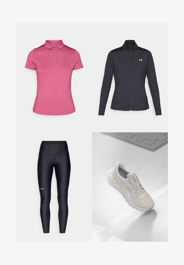 Jachetă sport neagră realizată dintr-un material neted și elastic, cu guler înalt și fermoar complet, având un mic logo alb în colțul din stânga sus.; Cămașă polo roz dintr-un material neted, având guler, o bandă cu șase butoane și mâneci scurte. Design simplu, ajustat, cu un finisaj curat.; Colanți negri dintr-un material neted și elastic, cu un brâu înalt. Prezentând un logo alb pe cuartul stâng și un design ajustat.; Adidașuri bej deschis, cu un superior perforat, accente texturate, guler căptușit și talpă din cauciuc alb, concepute pentru confort și respirabilitate.