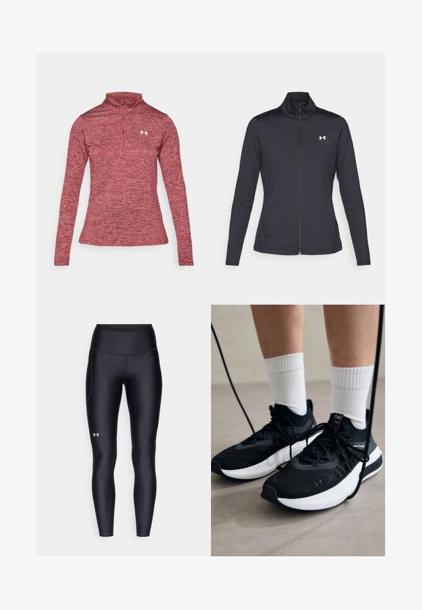 Sort atletisk jakke lavet af glat, strækbart stof med høj krave og fuld lynlås, der har et lille hvidt logo på den øverste venstre side.; Rød langærmet skjorte med kvart lynlås og høj krave, lavet af struktureret, meleret stof. Har et hvidt logo på venstre bryst.; Sorte leggings lavet af glat, strækbart materiale med høj talje. Har et hvidt logo på venstre lår og en tætsiddende design.; Sorte sportssko med tekstureret stof, hvid sål og sorte snørebånd. Båret med hvide ribbede sokker, stående på en lys overflade.