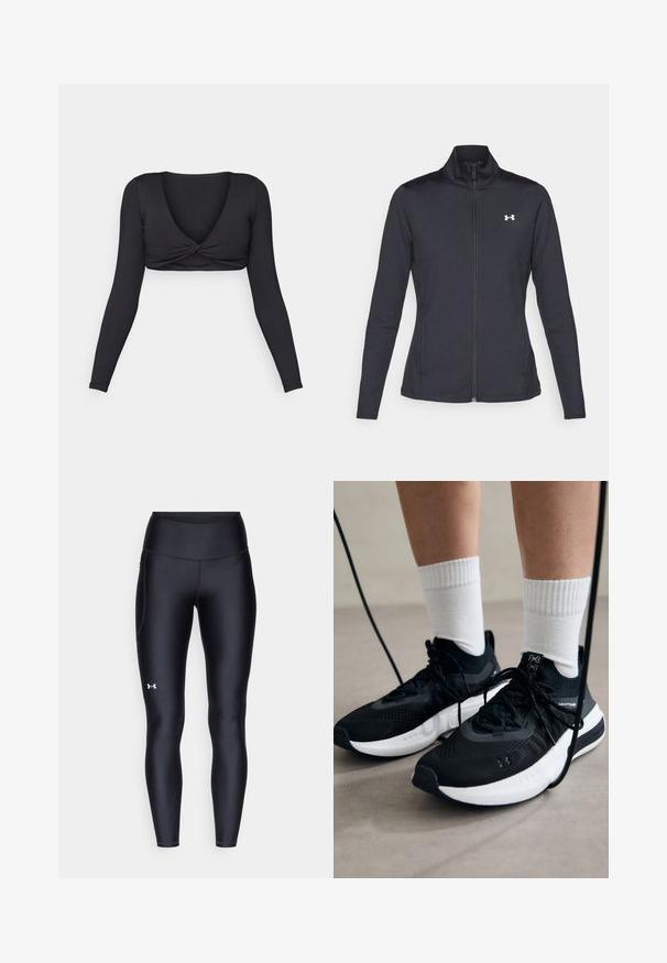 Černá sportovní bunda vyrobená z hladké a elastické textilie, s vysokým límcem a plným zipem, která má malé bílé logo na levé horní části.; Černý crop top s dlouhým rukávem, hlubokým véčkovým výstřihem a zkrouceným předním designem, vyrobený z hladkého, elastického materiálu.; Černé leginy vyrobené z hladkého, pružného materiálu s vysokým pasem. Obsahují bílé logo na levém stehně a mají přiléhavý střih.; Černé sportovní boty s texturovanou tkaninou, bílou podrážkou a černými tkaničkami. Nosené s bílými žebrovanými ponožkami, stojící na světlém povrchu.