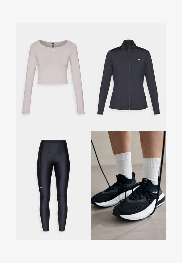 Veste de sport noire en tissu lisse et extensible avec un col montant et une fermeture éclair intégrale, arborant un petit logo blanc sur le côté supérieur gauche.; Crop top long à manches longues en lavande clair, fabriqué en tissu extensible. Présente un col rond et un logo de la marque subtil sur le devant.; Leggings noirs en matière lisse et extensible avec une taille haute. Présentent un logo blanc sur la cuisse gauche et un design ajusté.; Chaussures de sport noires en tissu texturé, avec une semelle blanche et des lacets noirs. Portées avec des chaussettes blanches côtelées, debout sur une surface claire.