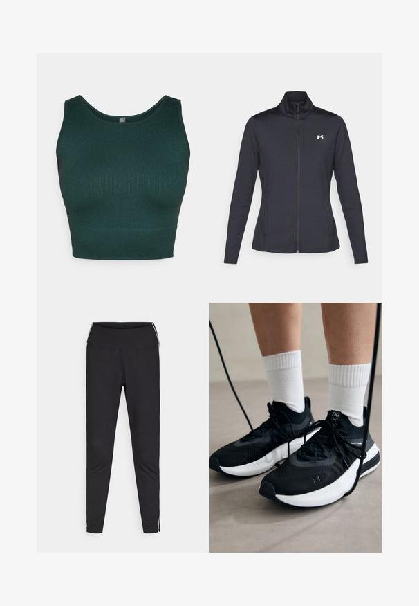 Μαύρο αθλητικό μπουφάν φτιαγμένο από λείο, ελαστικό ύφασμα με ψηλό γιακά και πλήρως φερμουάρ, με μια μικρή λευκή λογότυπο στην επάνω αριστερή πλευρά.; Σκούρο πράσινο ριβέ πουκάμισο cropped με στρογγυλή λαιμόκοψη και φαρδιές τιράντες, φτιαγμένο από υλικό πλεκτής υφής.; Μαύρες κολάν από ελαστικό ύφασμα. Ψηλόμεσο, εφαρμοστό σχέδιο, διαθέτει λευκές ρίγες κατά μήκος των εξωτερικών ραφών. Απαλή υφή.; Μαύρα αθλητικά παπούτσια με υφασμάτινη υφή, λευκή σόλα και μαύρα κορδόνια. Φορεμένα με λευκές ριγέ κάλτσες, στέκονται σε ελαφριά επιφάνεια.