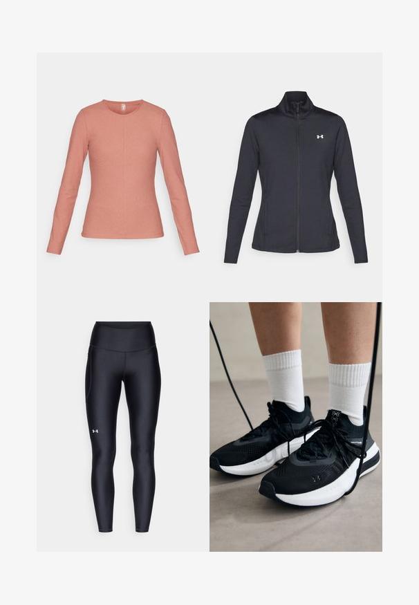 Μαύρο αθλητικό μπουφάν φτιαγμένο από λείο, ελαστικό ύφασμα με ψηλό γιακά και πλήρως φερμουάρ, με μια μικρή λευκή λογότυπο στην επάνω αριστερή πλευρά.; Μακρυμάνικη, εφαρμοστή μπλούζα από μαλακό, ριμπ ύφασμα. Διαθέτει στρογγυλή λαιμόκοψη και υφή σε ροζ απόχρωση.; Μαύρες κολάν από απαλό, ελαστικό ύφασμα με ψηλή μέση. Διαθέτουν λευκό λογότυπο στον αριστερό μηρό και εφαρμοστή σχεδίαση.; Μαύρα αθλητικά παπούτσια με υφασμάτινη υφή, λευκή σόλα και μαύρα κορδόνια. Φορεμένα με λευκές ριγέ κάλτσες, στέκονται σε ελαφριά επιφάνεια.