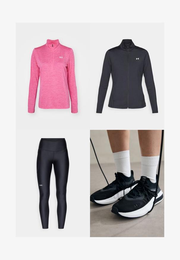 Schwarze Sportjacke aus glattem, dehnbarem Stoff mit hohem Kragen und durchgehendem Reißverschluss, ausgestattet mit einem kleinen weißen Logo auf der oberen linken Seite.; Rosa Langarm-Pullover mit Viertelreißverschluss aus strukturiertem Stoff, mit einem kleinen weißen Logo auf der linken Brust und einem Stehkragen.; Schwarze Leggings aus glattem, elastischem Material mit einem hohen Bund. Mit einem weißen Logo auf dem linken Oberschenkel und tailliertem Design.; Schwarze Sportschuhe aus strukturiertem Stoff, mit weißer Sohle und schwarzen Schnürsenkeln. Tragen mit weißen gerippten Socken, stehen auf einer hellen Fläche.
