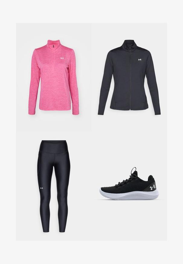 Zwarte sportjack gemaakt van glad, rekbaar materiaal met een hoge kraag en een volledige ritssluiting, met een klein wit logo op de bovenste linkerkant.; Roze lange mouw kwart-rits pullover gemaakt van textuurstof, met een klein wit logo op de linkerborst en een opstaande kraag.; Zwarte leggings van glad, rekbaar materiaal met een hoge tailleband. Heeft een wit logo op de linkerdij en een aansluitend ontwerp.; Zwarte sportieve schoenen met een ademende mesh bovenkant, een gestructureerd ontwerp en een witte rubberen zool. Voorzien van platte veters en een trekbandje aan de hiel.