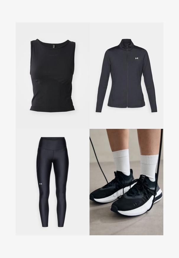 Svart idrottsjacka i slät, elastisk tyg med hög krage och hel dragkedja, med en liten vit logotyp på övre vänstra sidan.; Svart ärmlös träningstopp tillverkad av smidigt material, med rundad Halsringning och en figurnära silhuett med subtil logotypdetalj.; Svarta leggings i ett smidigt, stretchigt material med hög midja. Har en vit logotyp på vänstra låret och en åtsittande design.; Svarta sportskor med texturerat tyg, vit sula och svarta snören. Bärs med vita reglerade strumpor, stående på en ljus yta.