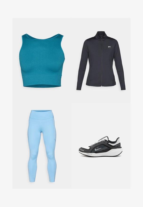 Melnās sporta jakas izgatavotas no gludas, elastīgas auduma ar augstu apkakli un pilnu rāvējslēdzēju, ar nelielu baltu logo augšējā kreisajā pusē.; Cilvēku plecu ribota teal krāsas apgriezta topa blūze ar apaļu kakla izgriezumu un plašām siksnām, izgatavota no elastīga auduma, kas nodrošina pieguļošu izskatu. Tekstūrēta virsmas apdare.; Gaiši zili legingi, kas izgatavoti no elastīga auduma. Rūpīgi veidota augstas vids josta, gluda tekstūra un noapaļoti šuvi gar kājām.; Nike kedas ar melnbaltu krāsu shēmu, elpojošu augšdaļu un sudraba akcentiem. Gumijas zole ar "Air Zoom" zīmolu, teksturēta labākai saķerei.