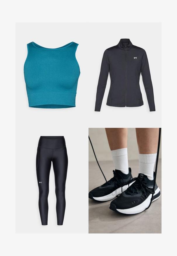 Giacca sportiva nera realizzata in tessuto morbido ed elasticizzato, con colletto alto e zip completa, caratterizzata da un piccolo logo bianco sul lato sinistro superiore.; Top corto a costine color teal con scollatura tonda e spalline larghe, realizzato in tessuto elastico per una vestibilità aderente. Dettagli sulla superficie testurizzati.; Leggings neri realizzati in materiale morbido e stretch con vita alta. Presentano un logo bianco sulla coscia sinistra e un design aderente.; Scarpe sportive nere con tessuto testurizzato, suola bianca e lacci neri. Indossate con calzini bianchi a costine, in piedi su una superficie chiara.