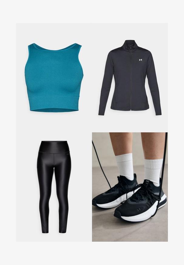 Melnās sporta jakas izgatavotas no gludas, elastīgas auduma ar augstu apkakli un pilnu rāvējslēdzēju, ar nelielu baltu logo augšējā kreisajā pusē.; Cilvēku plecu ribota teal krāsas apgriezta topa blūze ar apaļu kakla izgriezumu un plašām siksnām, izgatavota no elastīga auduma, kas nodrošina pieguļošu izskatu. Tekstūrēta virsmas apdare.; Melnas augsta vidukļa legingu bikses, kas izgatavotas no gludas, elastīgas auduma. Aprīkotas ar sānu kabatu un smalku logotipu uz jostas.; Melni sporta apavi ar strukturētu audumu, balta zole un melni šņores. Valkāti ar baltām ribotām zeķēm, stāvot uz gaišas virsmas.