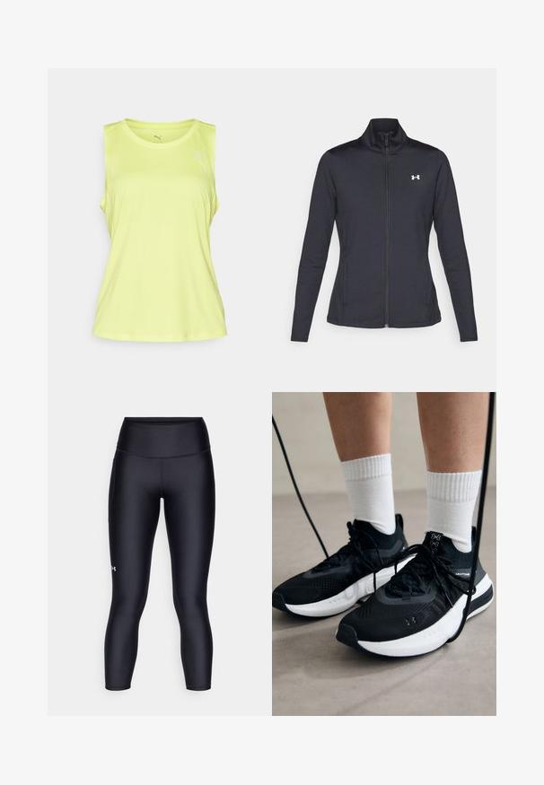 Zwarte sportjack gemaakt van glad, rekbaar materiaal met een hoge kraag en een volledige ritssluiting, met een klein wit logo op de bovenste linkerkant.; Felgeel mouwloos sportshirt van lichtgewicht, ademend materiaal met een ronde hals en een klein wit logo op de borst.; Zwarte leggings van glad, rekbaar materiaal. Hoog ingezette taille met een nauwsluitende pasvorm en een klein logo op het linkerpedaal.; Zwarte sportschoenen van gestructureerde stof, met een witte zool en zwarte veters. Draag ze met witte geribde sokken, staand op een lichte ondergrond.