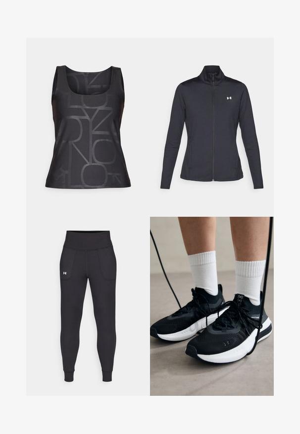 Schwarze Sportjacke aus glattem, dehnbarem Stoff mit hohem Kragen und durchgehendem Reißverschluss, ausgestattet mit einem kleinen weißen Logo auf der oberen linken Seite.; Schwarzes, ärmelloses Tanktop mit einem tonalen geometrischen Muster. Hergestellt aus glattem Stoff mit rundem Ausschnitt und figurbetonter Silhouette.; Schwarze Sportleggings aus dehnbarem Material, mit hohem Taillenbund, seitlichen Taschen und schmalen Bündchen am Knöchel.; Schwarze Sportschuhe aus strukturiertem Stoff, mit weißer Sohle und schwarzen Schnürsenkeln. Tragen mit weißen gerippten Socken, stehen auf einer hellen Fläche.