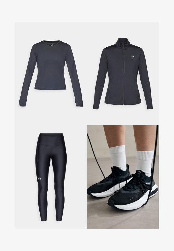Chaqueta deportiva negra hecha de una tela suave y elástica, con cuello alto y cremallera completa, que presenta un pequeño logo blanco en la parte superior izquierda.; Camisa de manga larga en gris oscuro, hecha de un material ligero y texturizado. Presenta un cuello redondo y una silueta ajustada con un acento de logo.; Leggings negros hechos de un material suave y elástico con una cintura alta. Presentan un logo blanco en el muslo izquierdo y un diseño ajustado.; Zapatillas deportivas negras con tela texturizada, suela blanca y cordones negros. Llevadas con calcetines blancos de canalé, de pie sobre una superficie clara.