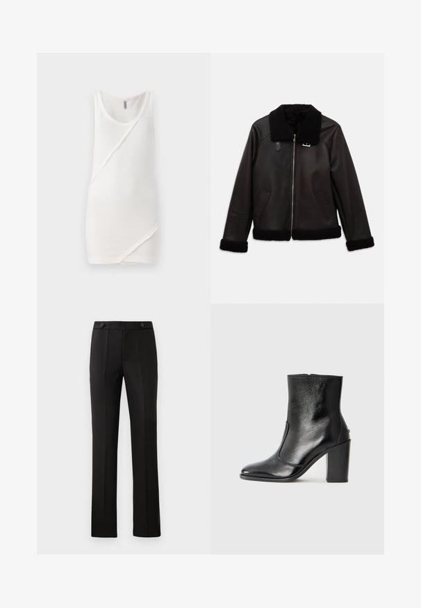 Melna ādas jakas ar mākslīgu vilnas apkakli un piedurknēm. Iekļauj priekšējo rāvējslēdzēju un sānu kabatas. Gluda tekstūra ar minimālisma dizainu.; Balta bezpiedurkņu blūze no ribota auduma, ar apaļu apkakli un diagonālo šuvju detaļu priekšā, ar neapstrādātām malām.; Melnas pielāgotas bikses ar taisnu kāju, divām priekšējām kabatām, pogu aizdari un liekumu detaļām priekšpusē. Gluda auduma tekstūra.; Melnas ādas potīšu zābaki ar gludu tekstūru, smailu purngalu un masīlu augstu papēdi. Iekļauts sānu atvērums un minimālistisks dizains.