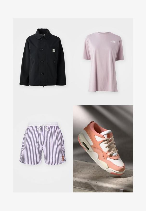 Melnā jaka, izgatavota no izturīga auduma ar taisnu griezumu, ar pogu aizdari priekšpusē, sānu kabatām un krūšu kabatu ar logotipa uzšuvi.; Gaiši violets īsām piedurknēm t-krekls, kas izgatavots no mīksta auduma, ar baltu logotipu kreisajā augšējā krūtī un brīvu piegriezumu.; Vīriešu peldšorti baltā krāsā ar vertikālām purpura svītrām, elastīga josta ar aukliņu un neliels oranžs izsistais logo kreisajā pusē.; Kedai ar maigu rozā un baltā augšdaļu, strukturētu zamšādas paneļu, mīkstu apkakli un redzamu gaisa vienību papēdī. Krēmbalti zole.