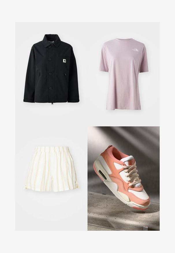 Must must, mis tugevast kangast, otse lõikega, nupuga eest, küljetaskute ja rinnataskuga, millel on logopaat.; Heled lillat värvi lühikeste varrukatega T-särk, mis on valmistatud pehmest kangast, esiküljel vasakul rinnal on valge logo ja särk on lõdva lõikega.; Valged lühikesed püksid õhukeste kollaste vertikaalsete triipudega, elastne vöökoht ja külgsisselõiked. Valmistatud kergest, hingavast kangast.; Kergelt roosa ja valge pealsega sneaker, tekstureeritud seemisnahkpaneelidega, pehmendatud kraega ja nähtava õhku üksusega kontsas. Kreemika värvusega tald.