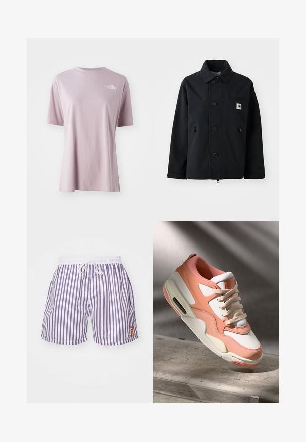 Must must, mis tugevast kangast, otse lõikega, nupuga eest, küljetaskute ja rinnataskuga, millel on logopaat.; Heled lillat värvi lühikeste varrukatega T-särk, mis on valmistatud pehmest kangast, esiküljel vasakul rinnal on valge logo ja särk on lõdva lõikega.; Meeste ujumispüksid valgetes toonides, millel on vertikaalsed lillad triibud, elastne vöökoht koos kinnitussüsteemiga ja vasakule küljele brodüüritud väike oranž logo.; Kergelt roosa ja valge pealsega sneaker, tekstureeritud seemisnahkpaneelidega, pehmendatud kraega ja nähtava õhku üksusega kontsas. Kreemika värvusega tald.