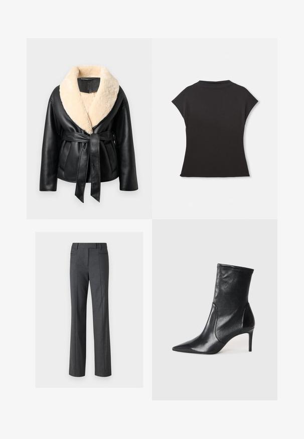 Zwarte leren jas met een brede crèmekleurige nepbontkraag. Voorzien van een ceintuur in de taille en een gestroomlijnd ontwerp met lange mouwen.; Zwart top met korte mouwen, hoge halslijn en een relaxte pasvorm. Gemaakt van zachte stof met een gladde textuur. Geen zichtbare patronen of graphics.; Grijze op maat gemaakte broeken, rechte snit, gemaakt van een gladde stof. Voorzien van twee voorzakken en een vlakke voorkant.; Zwarte enkelboots van soepel leer, met een spitse neus, een aangesloten schacht en een slanke hoge hak. Minimalistisch ontwerp zonder zichtbare hardware.