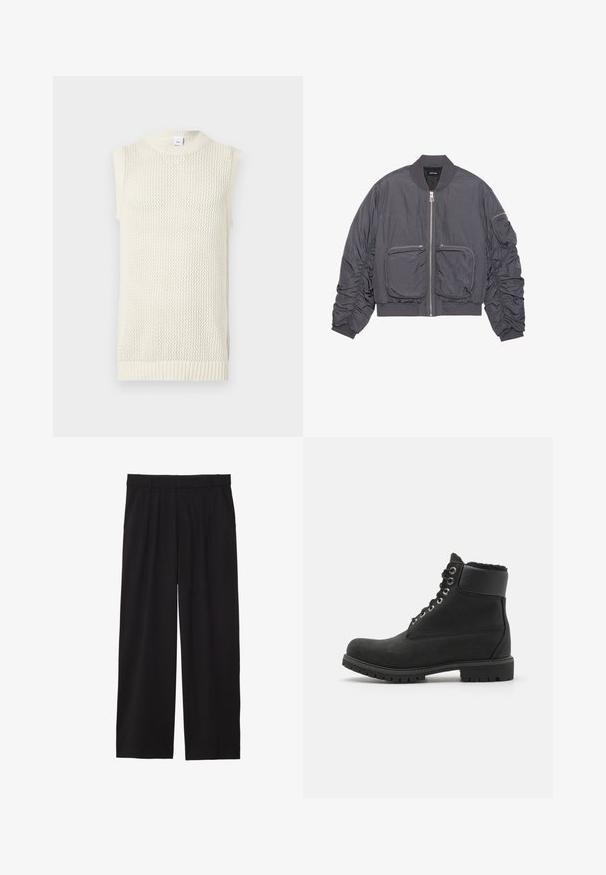 Tmavě šedá bomberka s nařasenými rukávy, zipovým zapínáním vpředu, dvěma velkými předními zipovými kapsami a zipovou kapsou na levém rukávu.; Krémový bezrukávový pletený top s texturovaným síťovaným designem a žebrovaným lemem. Má vysoký límec a uvolněný střih.; Černé široké kalhoty s skladaným předním dílem, bočními kapsami a hladkou texturou tkaniny. Navrženy pro pohodlný střih.; Černé kotníkové boty vyrobené z jemného semiše s gumovou podrážkou, zdobené kovovými očky, šňůrkami a měkkým umělým kožíškem kolem vrchu.