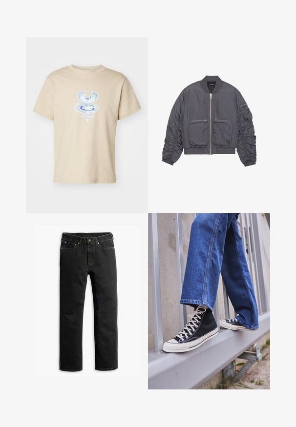 Jachetă bomber gri închis cu mâneci pliate, fermoar frontal, două mari buzunare frontale cu fermoar și un buzunar cu fermoar pe mâneca stângă.; Weekday BOXY GRAPHIC TEE - Tricou cu imprimeu - beige; Jeans negri cu picioare drepte, din denim, cu cinci buzunare, bucle pentru curea și un închizător cu nasture la talie, întinse pe un fundal alb.; Tenisi negri tip gheată cu talpă și șireturi albe, asortați cu blugi albaștri largi, sprijiniți pe un balustradă gri.