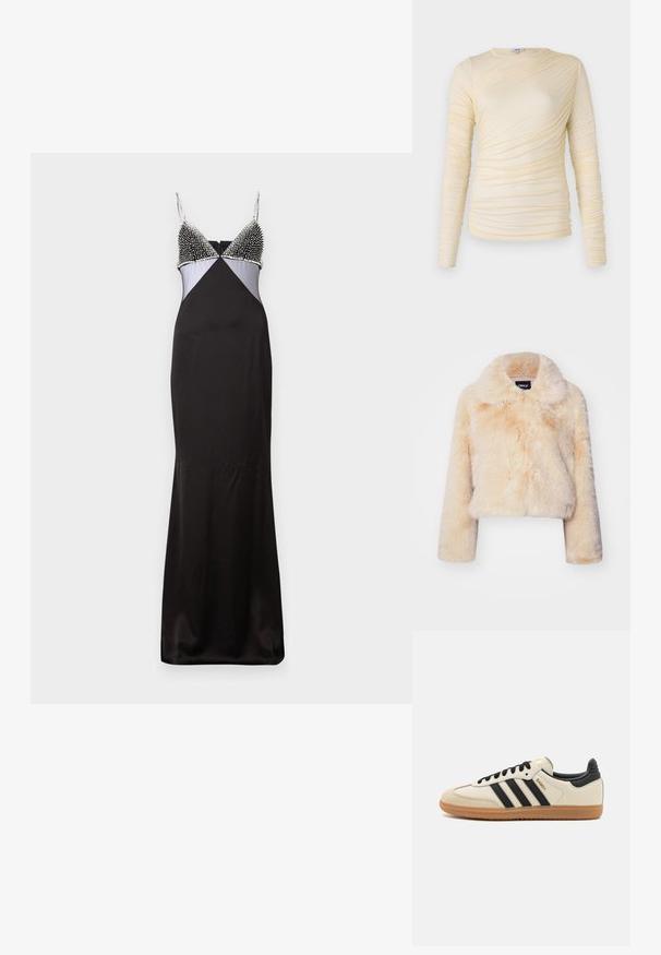 Šviesiai bežinis dirbtinio kailio trumpas švarkas su plačiu apykakle ir ilgomis rankovėmis, minkšta ir pūkuota tekstūra, be matomų užsegimų.; Juoda atlasinė suknelė su prigludusia siluetu, turinti karoliukais dekoruotą liemenį, reguliuojamas petnešas ir kontrastingą šviesiai mėlyną elementą.; Kreminė ilgomis rankovėmis palaidinė, puošta raukšlėta tekstūra ir lengvai priglundančia siluetu. Minkšta medžiaga, apvaliu iškirpimu ir lygiais siūlėmis.; Bežiniai sportiniai bateliai su juodomis juostelėmis, guminiu padu ir juodais akcentais. Turi lygų odinį viršutinį sluoksnį ir suapvalintos nosies dizainą.