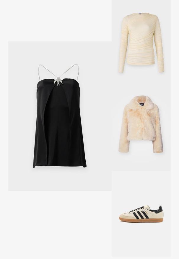 Šviesiai bežinis dirbtinio kailio trumpas švarkas su plačiu apykakle ir ilgomis rankovėmis, minkšta ir pūkuota tekstūra, be matomų užsegimų.; Juodas be rankovių suknelė su giliu priekinio įpjovimu, papuoštais sidabriniais grandinėlės petnešomis ir dekoratyviu sidabriniu akcentu prie krūtinės. Lygus audinio tekstūra.; Kreminė ilgomis rankovėmis palaidinė, puošta raukšlėta tekstūra ir lengvai priglundančia siluetu. Minkšta medžiaga, apvaliu iškirpimu ir lygiais siūlėmis.; Bežiniai sportiniai bateliai su juodomis juostelėmis, guminiu padu ir juodais akcentais. Turi lygų odinį viršutinį sluoksnį ir suapvalintos nosies dizainą.