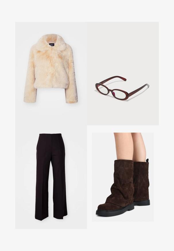 Faux pels cropped jakke i lys beige, med bred krage og lange ermer, i en myk, fluffy tekstur og uten synlige lukkinger.; Brun ullen genser med lange ermer, høy ribbestrikket krage og en knappestolpe med seks svarte knapper foran og på ermene.; Sorte vide bukser med høj talje, der har en glat tekstur og subtile forskydninger foran, skræddersyet til en struktureret pasform.; Brune suedestøvler til midt på leggen med sorte gummisåler, båret på nakne legger, som viser lett rynking på støvelskaftene.; Ovale røde solbriller med klare linser og slanke brune rammer. Designet har subtile kurver og minimalt med utstyr.