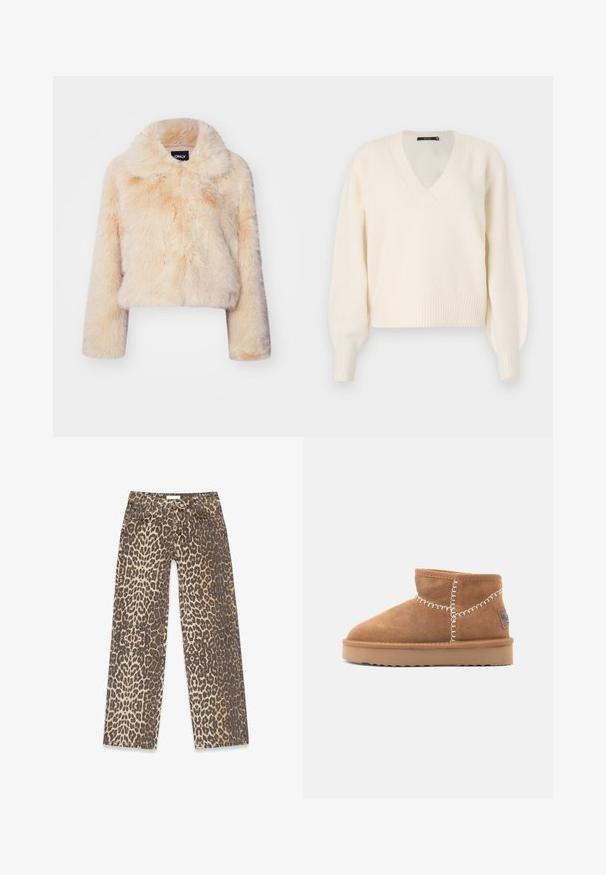 Šviesiai bežinis dirbtinio kailio trumpas švarkas su plačiu apykakle ir ilgomis rankovėmis, minkšta ir pūkuota tekstūra, be matomų užsegimų.; Vero Moda VMBOOM V NECK NOOS - Džemperis - birch melange; Leopardų rašto džinsai, pasitelkiantys neutralią smėlinę ir rudą spalvų paletę, tiesaus kirpimo dizainą ir tradicinius kišenių detales.; Rudi suediniai kulkšnai batai su apvaliu nosiu, baltais dekoratyviniais siūlais ir ruda guminėmis padangomis su zigzago raštu.
