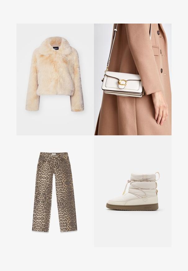 Nepbont cropped jas in lichtbeige, met een brede kraag en lange mouwen, een zachte, fluffy textuur en zonder zichtbare sluitingen.; Vero Moda VMBOOM V NECK NOOS - Trui - birch melange; Denim jeans met luipaardprint, gekenmerkt door een neutraal beige en bruin kleurpalet, rechte pijpen en traditionele zakdetails.; Beige enkellaars met gewatteerde stof, elastische veters en een rubberen zool. Beschikt over een gewatteerde kraag en een subtiele logo aan de zijkant.; Witte leren schoudertas met een gouden sluiting, met een gestructureerd ontwerp, contrasterende randen en een dunne verstelbare schouderband.