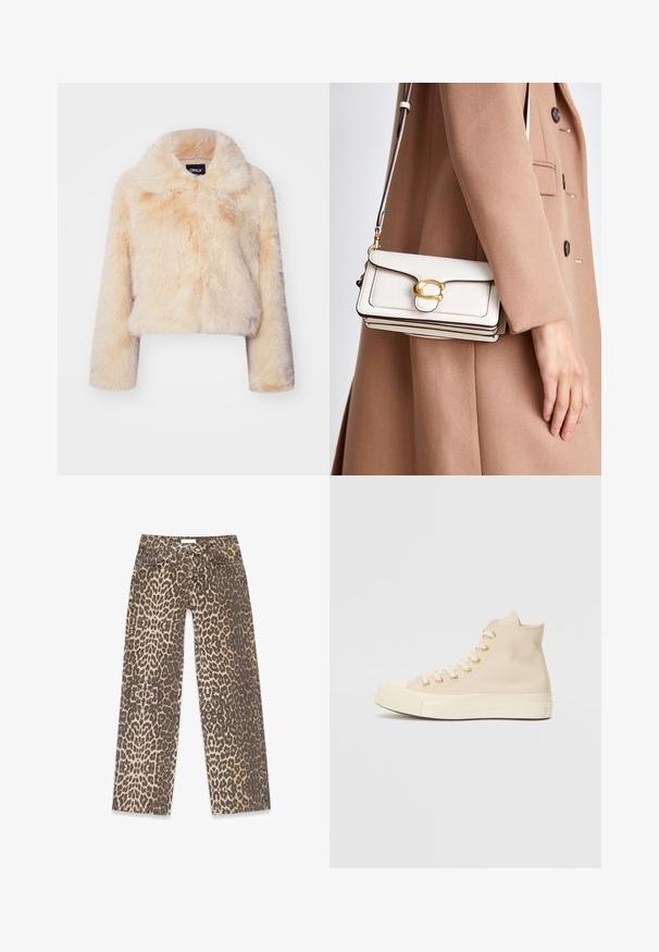 Šviesiai bežinis dirbtinio kailio trumpas švarkas su plačiu apykakle ir ilgomis rankovėmis, minkšta ir pūkuota tekstūra, be matomų užsegimų.; Vero Moda VMBOOM V NECK NOOS - Džemperis - birch melange; Leopardų rašto džinsai, pasitelkiantys neutralią smėlinę ir rudą spalvų paletę, tiesaus kirpimo dizainą ir tradicinius kišenių detales.; Bežiniai aukšti sportbačiai, pagaminti iš lygaus kanvaso, su auksinėmis akytėmis, balta guma padais ir pirštu dangteliu. Yra raištelių užsegimo priekinė dalis.; Balta odinė rankinė per petį su auksiniu užsegimu, pasižyminti struktūrizuotu dizainu, kontrastingomis briaunomis ir plona reguliuojama dirželiu.